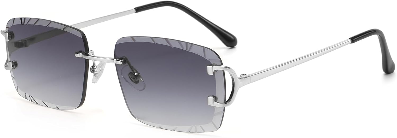 Retro Rimless Rectangle Sunglasses for Men Women Luxury Frameless Square Trendy Shade Diamond Cutting Eyewear