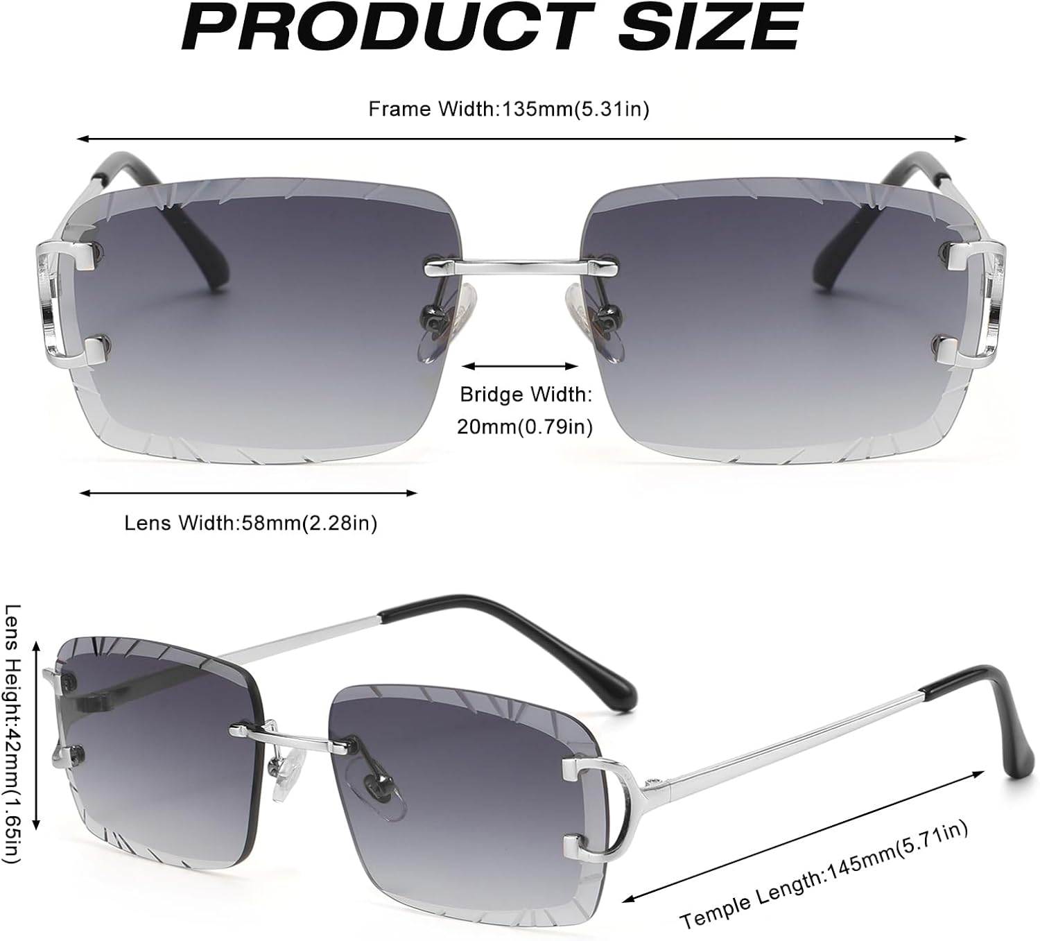 Retro Rimless Rectangle Sunglasses for Men Women Luxury Frameless Square Trendy Shade Diamond Cutting Eyewear