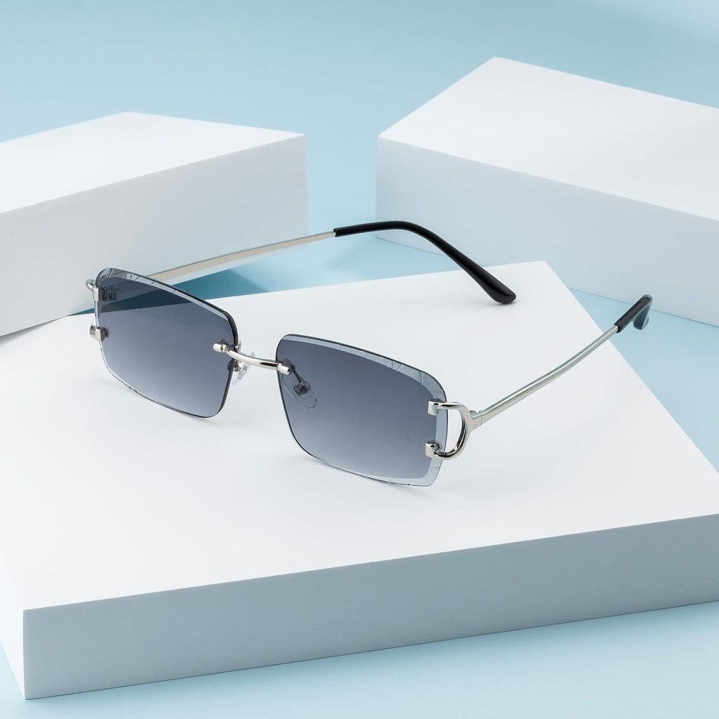 Retro Rimless Rectangle Sunglasses for Men Women Luxury Frameless Square Trendy Shade Diamond Cutting Eyewear
