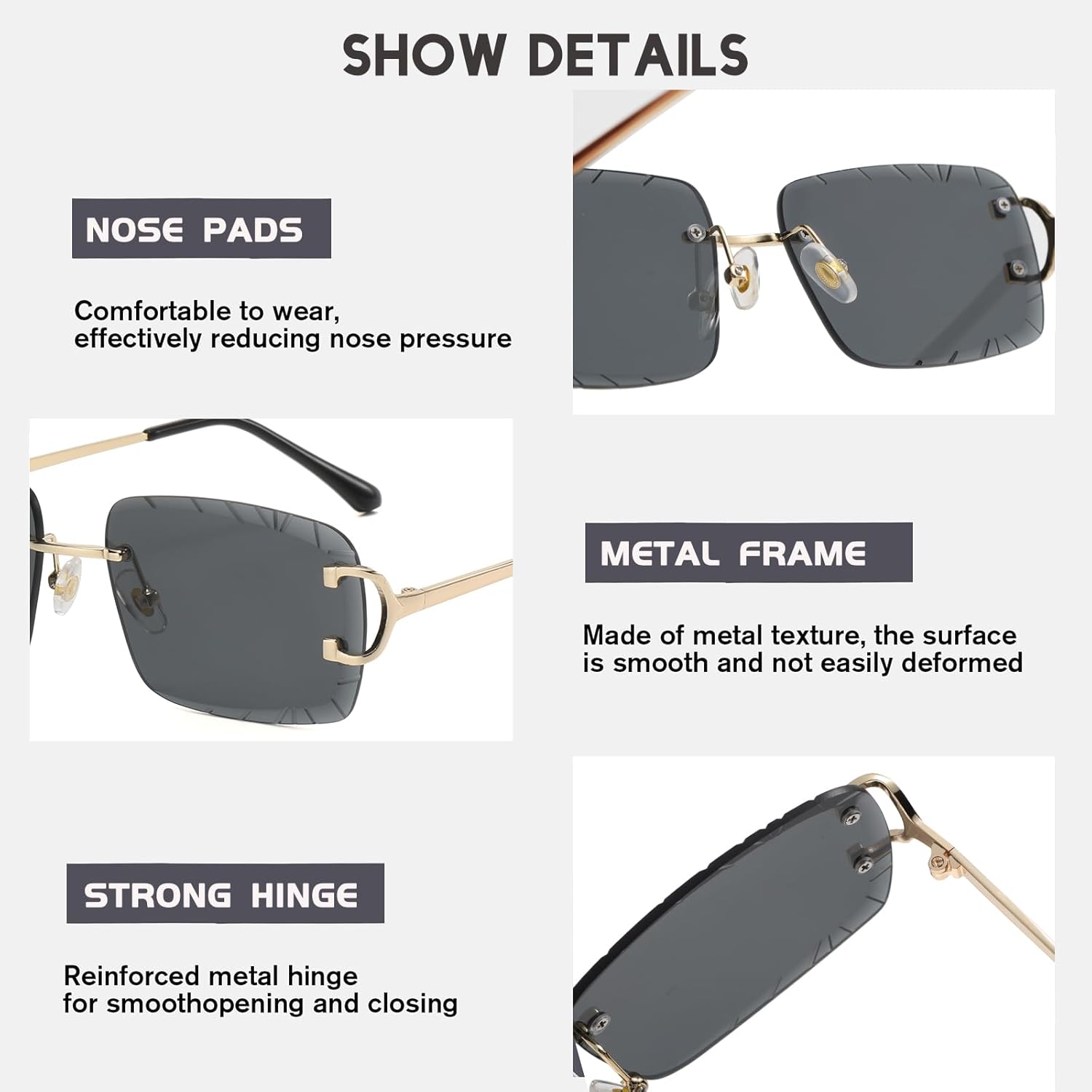 Retro Rimless Rectangle Sunglasses for Men Women Luxury Frameless Square Trendy Shade Diamond Cutting Eyewear