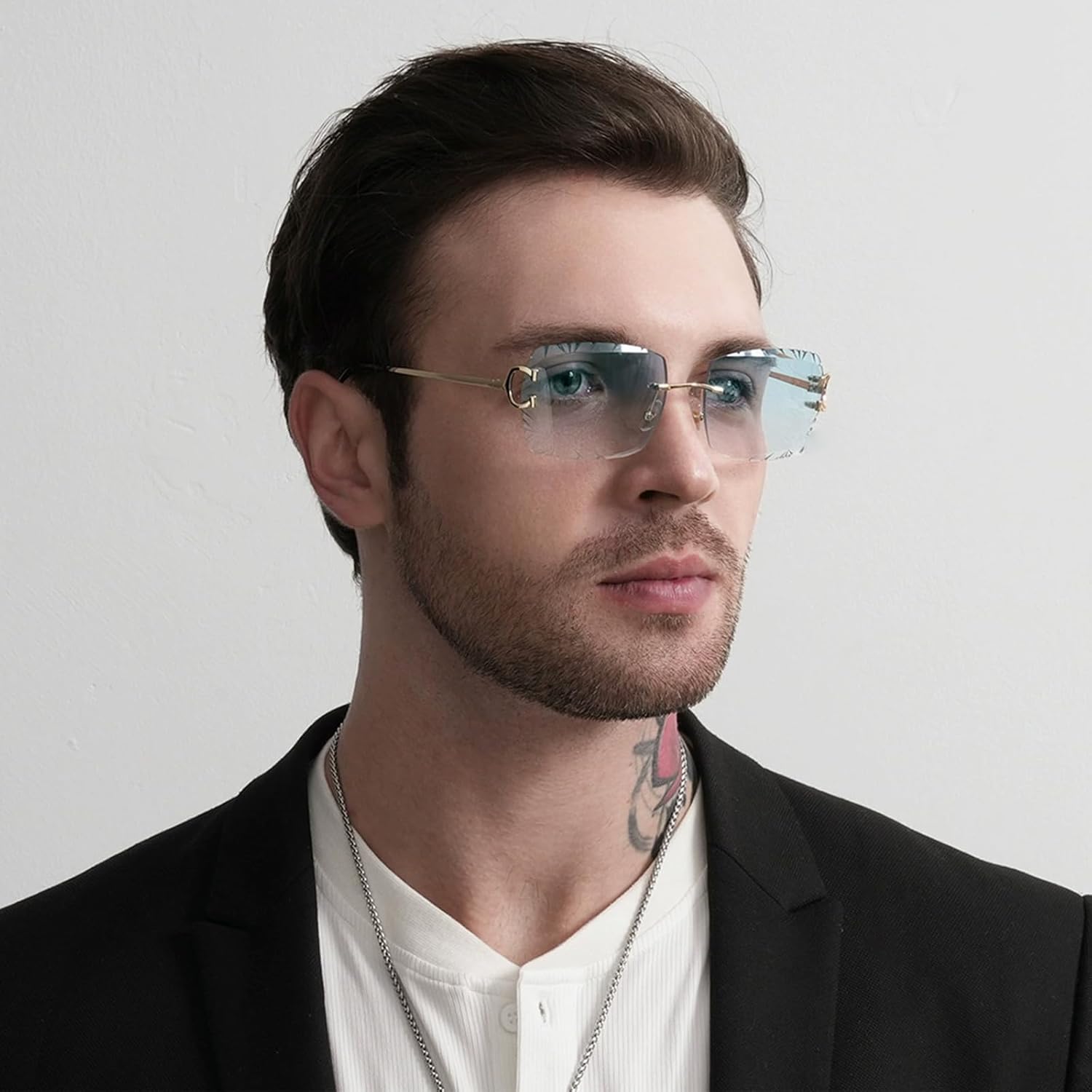 Retro Rimless Rectangle Sunglasses for Men Women Luxury Frameless Square Trendy Shade Diamond Cutting Eyewear